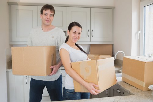Mayfair office relocation with labelled boxes and equipment